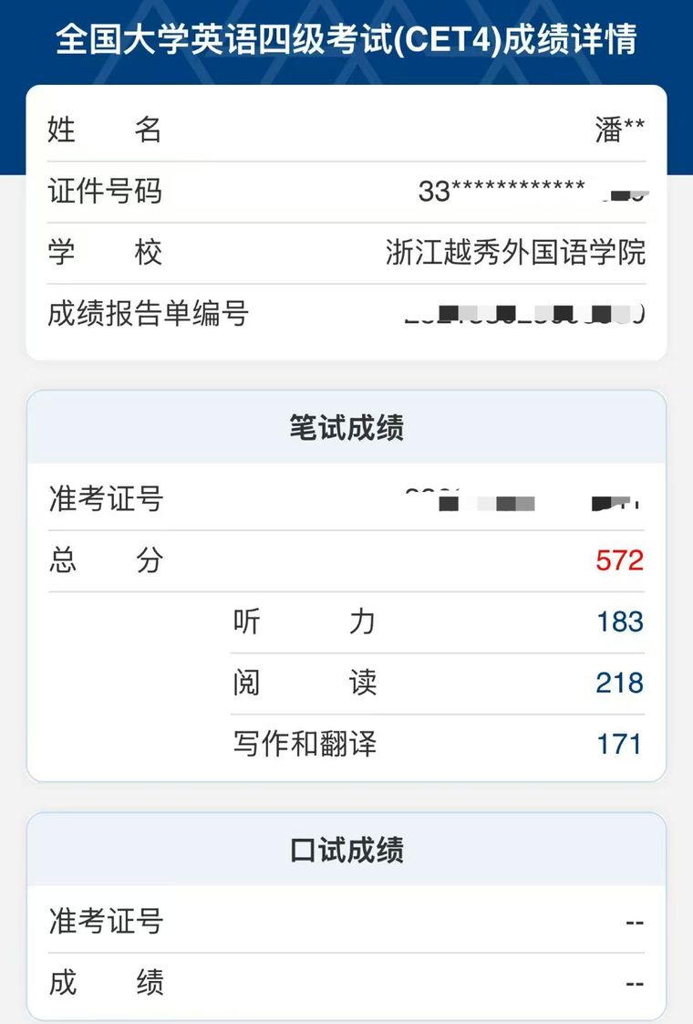 大学英语四级 572 分成绩单