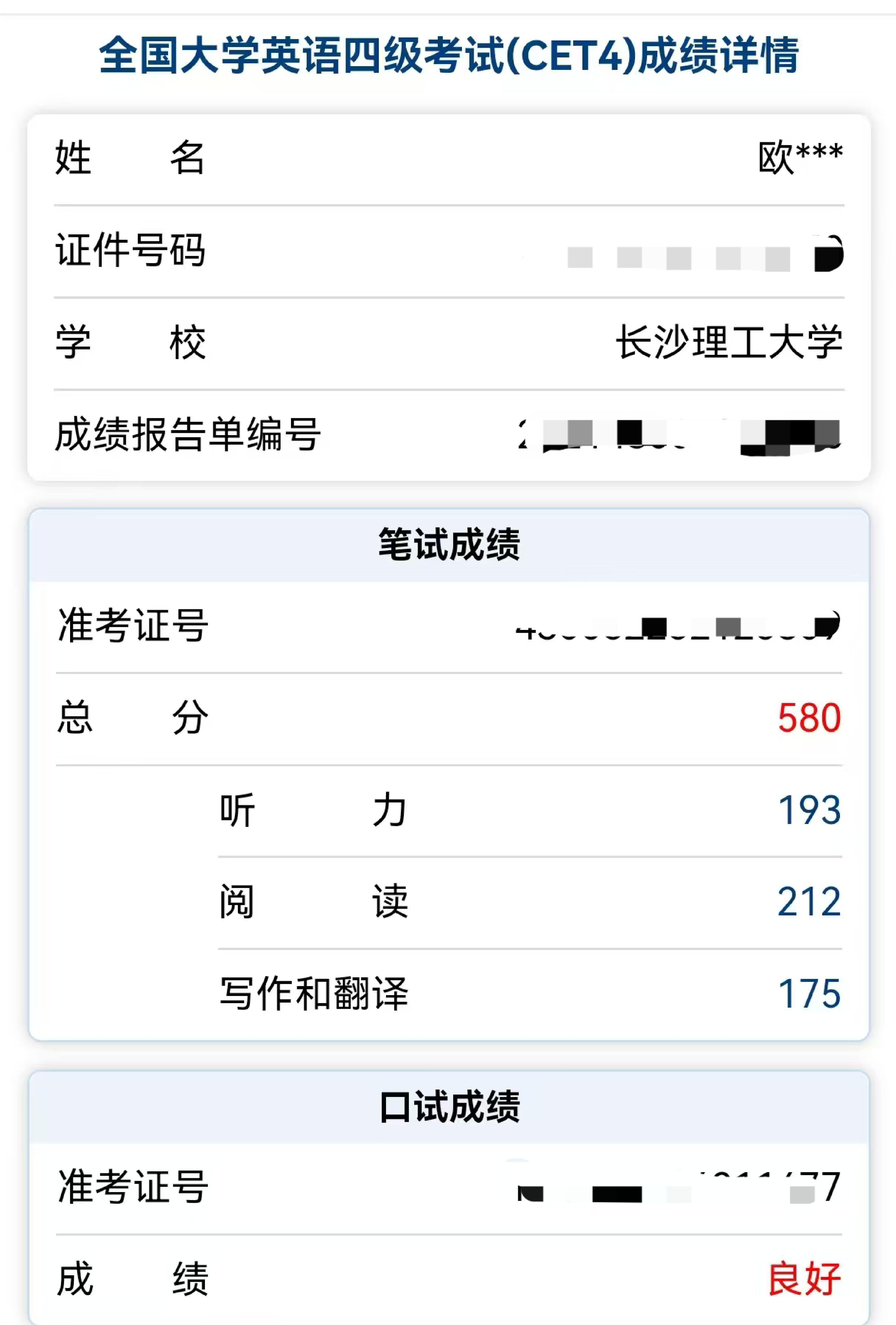 大学英语四级 580 分成绩单