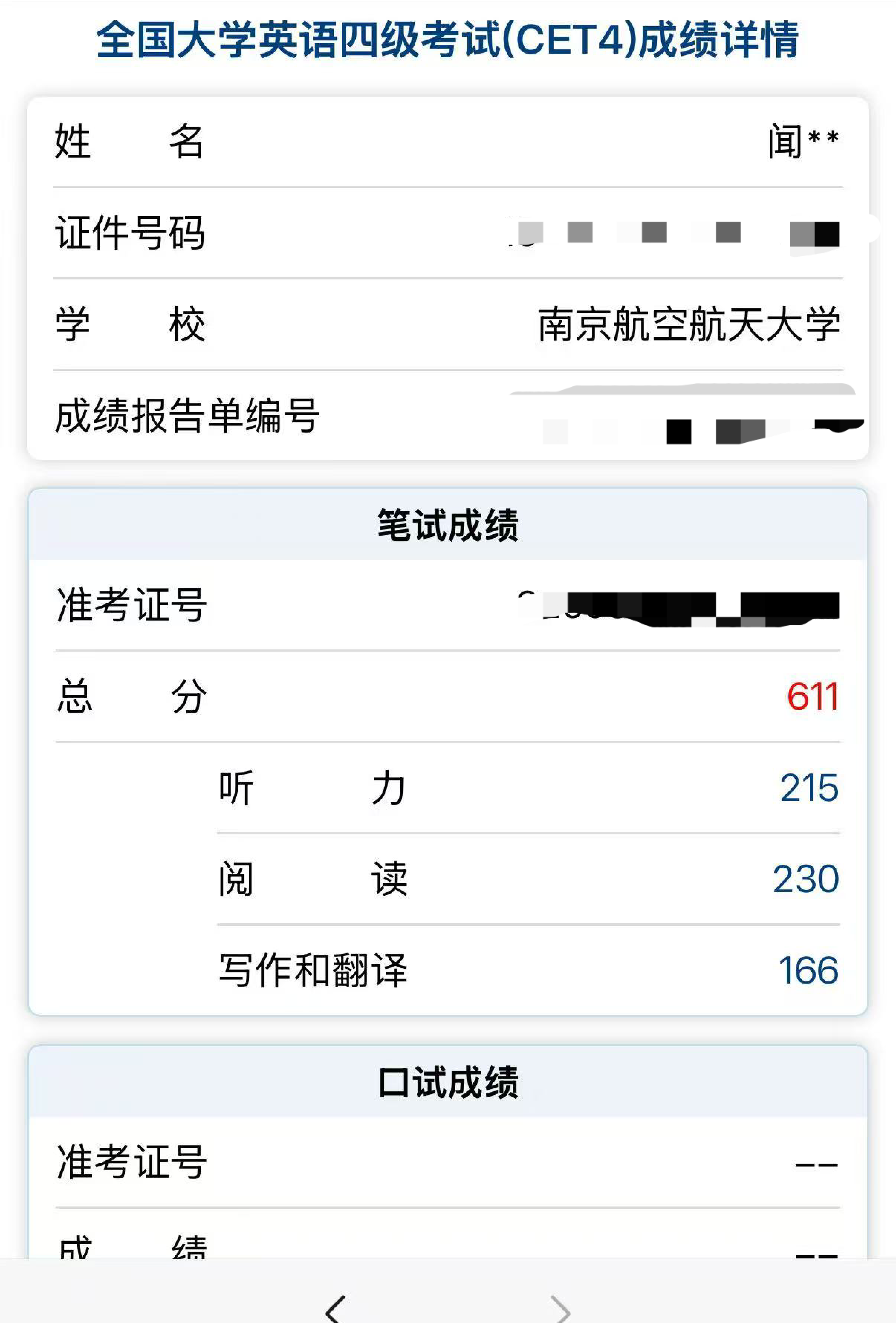 大学英语四级 611 分成绩单