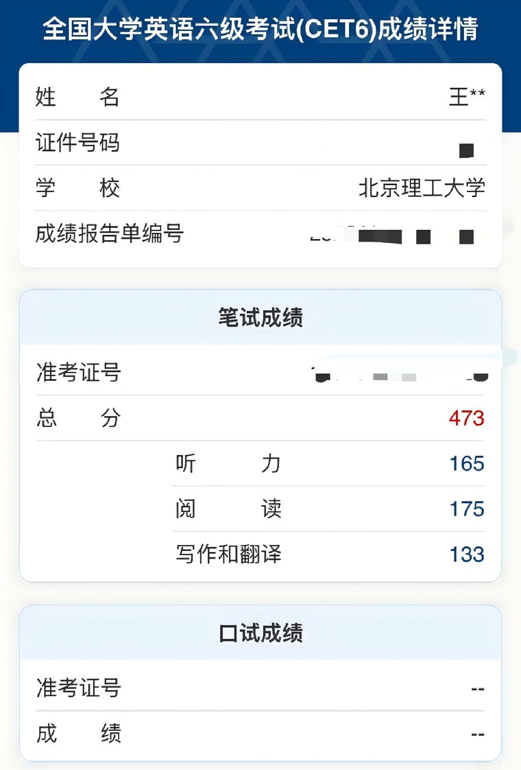 大学英语六级 473 分成绩单