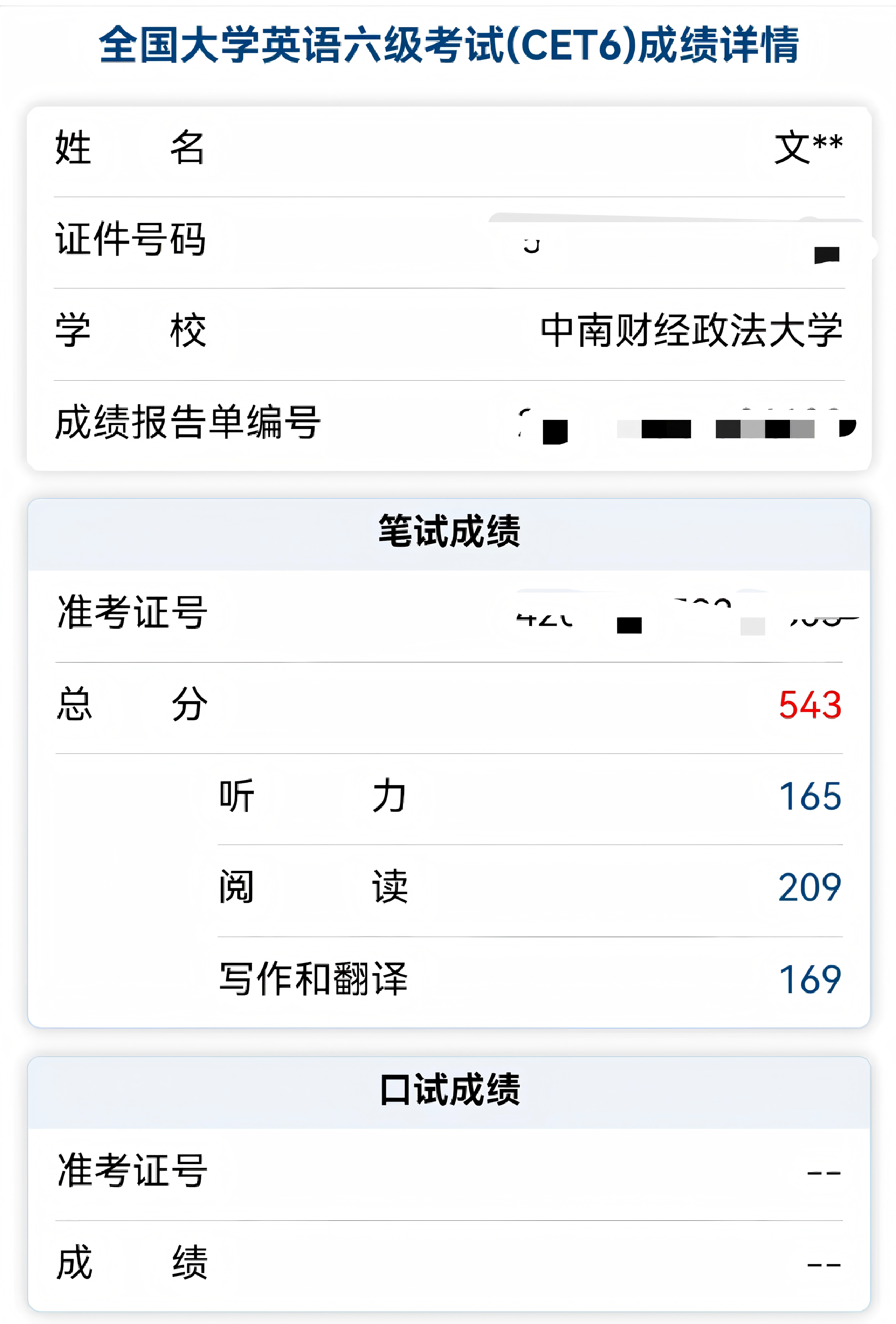 大学英语六级 543 分成绩单