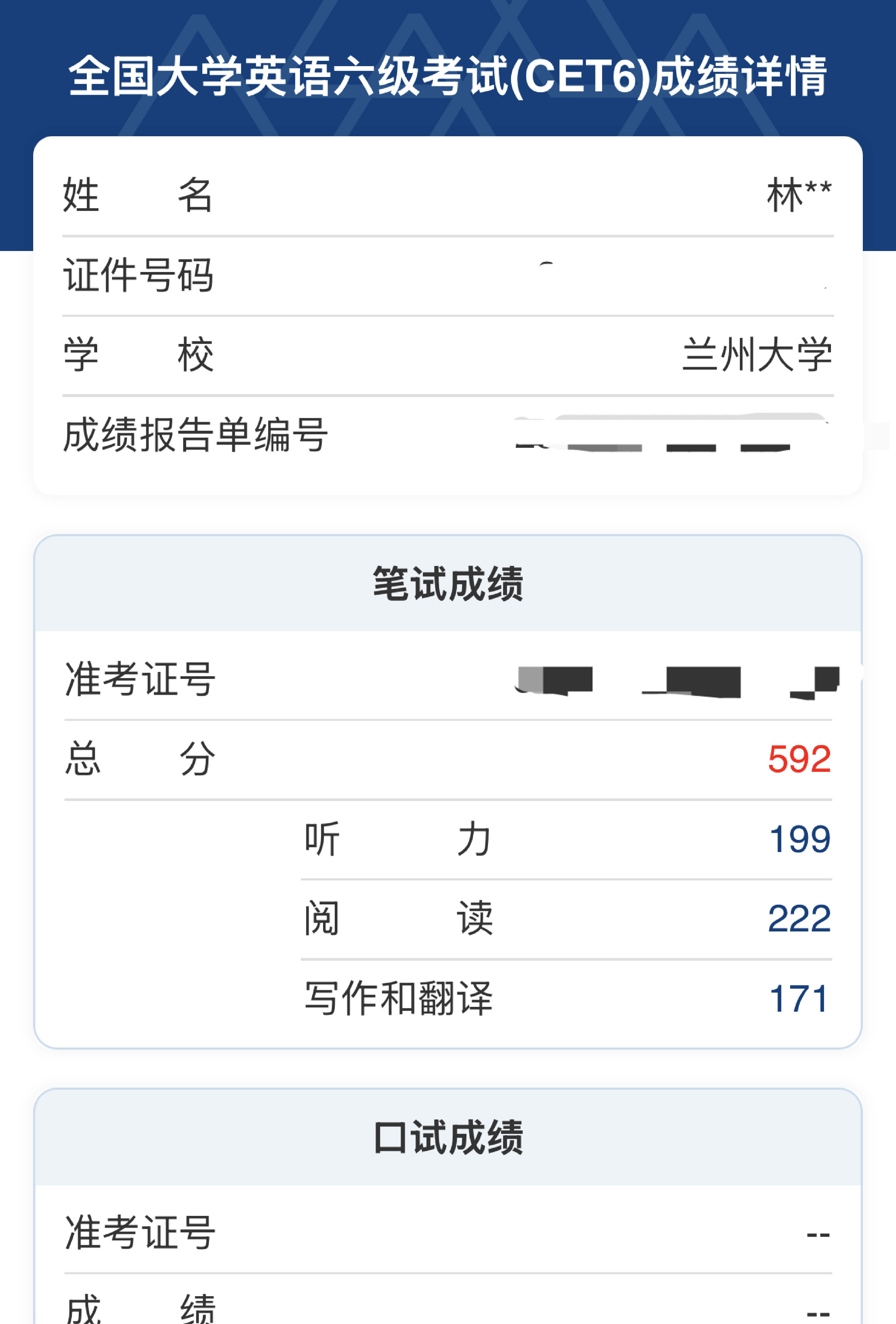 大学英语六级成绩单 592 分