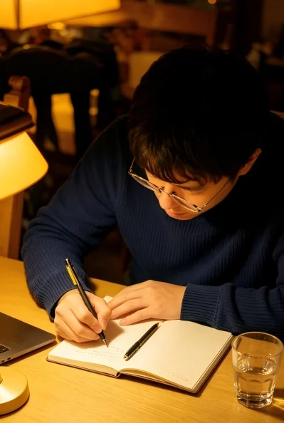 学生在灯下记录学术论文写作思路